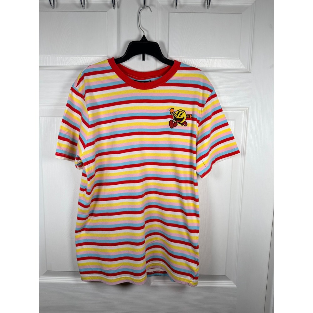 Pac-Man Mens Multi-Color Striped Embroidered Graphic T-Shirt Medium RN86947